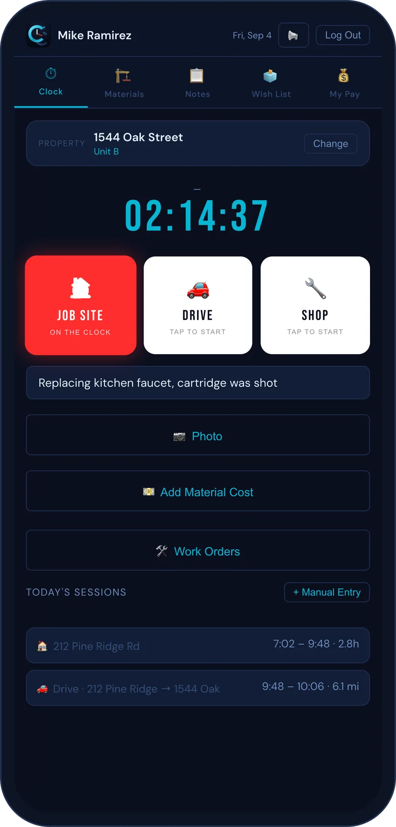 Clockcost clock screen: on the clock at 1544 Oak Street, 02:14:37
